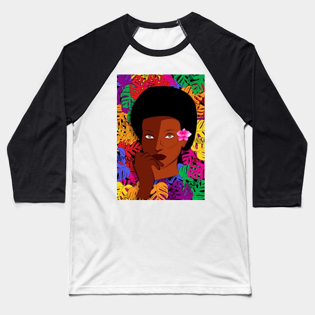 Beautiful Black Afro Woman With Colourful Plants Baseball T-Shirt by 4U2NV-LDN